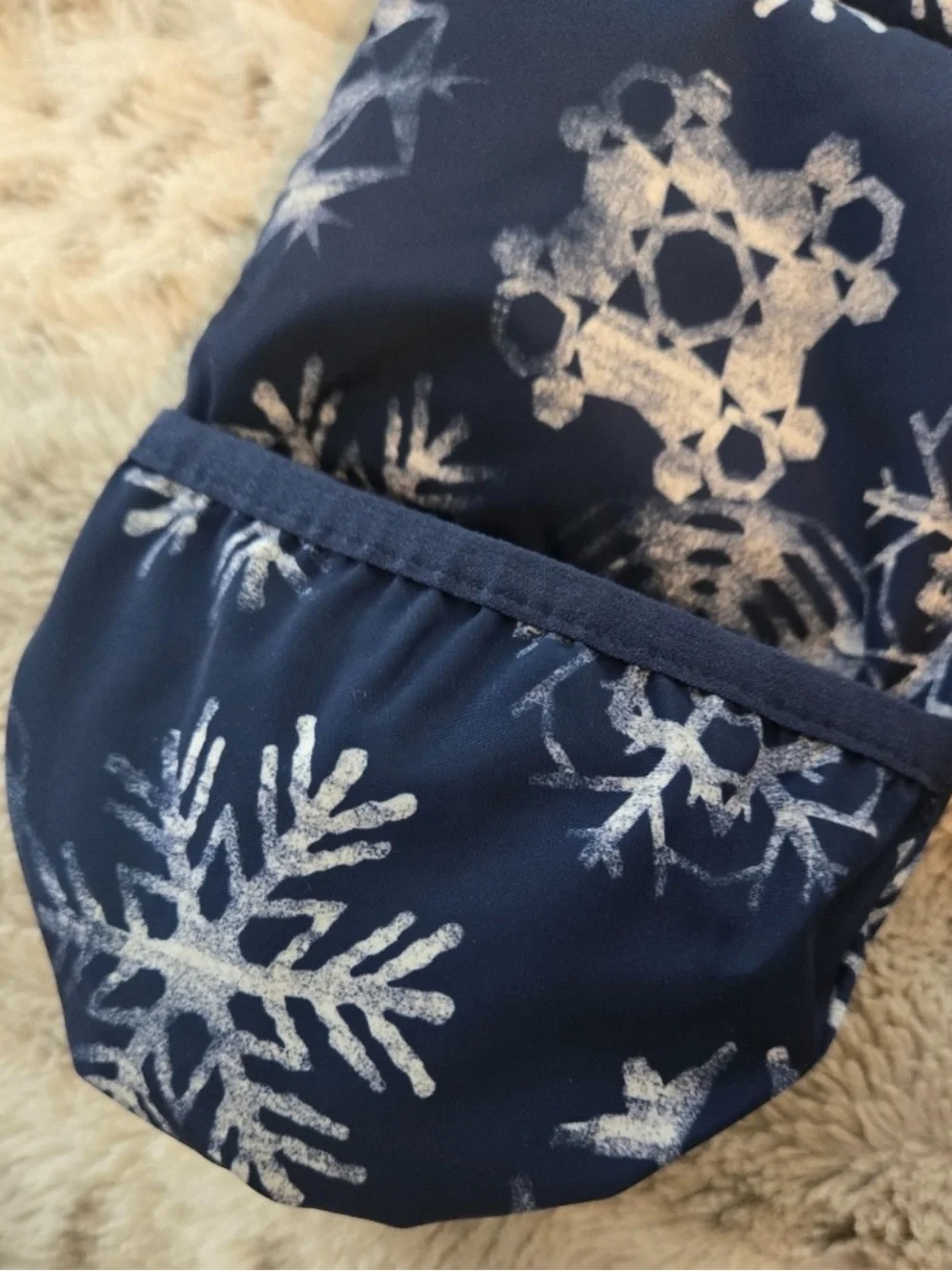 Lands' End Navy Snowflake One-Piece Snowsuit / Baby Bunting with Faux-Fur Hood